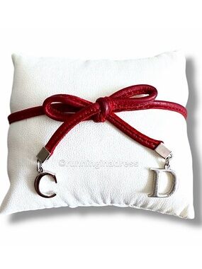 Dior Vtg Red Leather Bow CD Charm Bracelet Anklet Galliano Era 2001 Y2K SS01